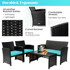 4 Piece Patio Rattan Cushioned Furniture Set with Loveseat, 2 Armchairs and Tempered Glass Coffee Table, Black Weave and Turquoise Cushions