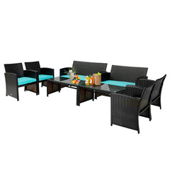 4 Piece Patio Rattan Cushioned Furniture Set with Loveseat, 2 Armchairs and Tempered Glass Coffee Table, Black Weave and Turquoise Cushions