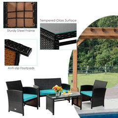4 Piece Patio Rattan Cushioned Furniture Set with Loveseat, 2 Armchairs and Tempered Glass Coffee Table, Black Weave and Turquoise Cushions
