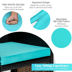 4 Piece Patio Rattan Cushioned Furniture Set with Loveseat, 2 Armchairs and Tempered Glass Coffee Table, Black Weave and Turquoise Cushions