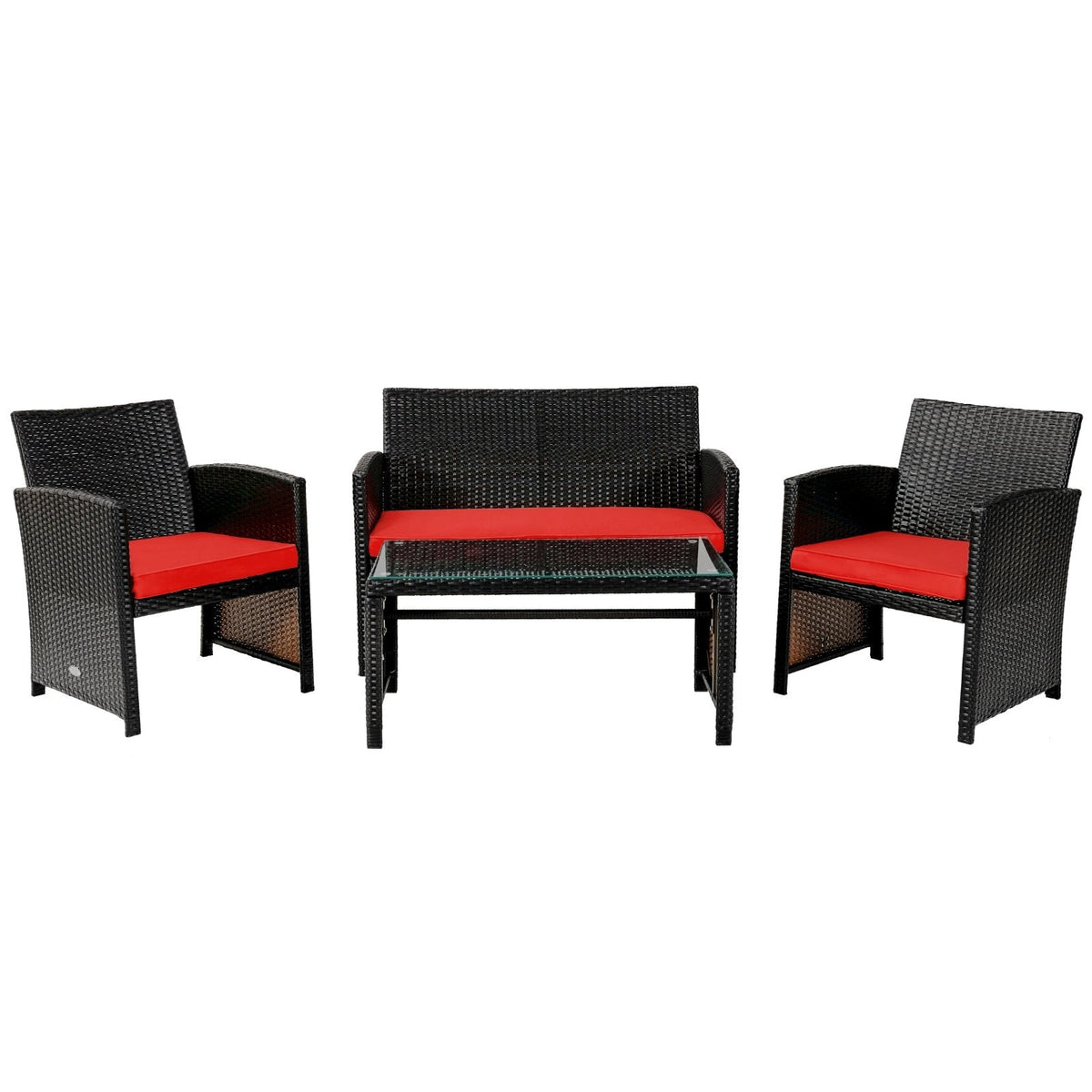 4 Piece Patio Rattan Cushioned Furniture Set with Loveseat, 2 Armchairs and Tempered Glass Coffee Table, Black Weave and Red Cushions
