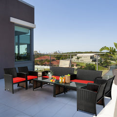4 Piece Patio Rattan Cushioned Furniture Set with Loveseat, 2 Armchairs and Tempered Glass Coffee Table, Black Weave and Red Cushions