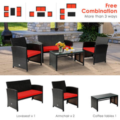 4 Piece Patio Rattan Cushioned Furniture Set with Loveseat, 2 Armchairs and Tempered Glass Coffee Table, Black Weave and Red Cushions