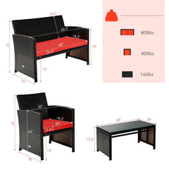 4 Piece Patio Rattan Cushioned Furniture Set with Loveseat, 2 Armchairs and Tempered Glass Coffee Table, Black Weave and Red Cushions