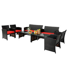 4 Piece Patio Rattan Cushioned Furniture Set with Loveseat, 2 Armchairs and Tempered Glass Coffee Table, Black Weave and Red Cushions