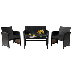 4 Piece Patio Rattan Cushioned Furniture Set with Loveseat, 2 Armchairs and Tempered Glass Coffee Table, Black Weave and Black Cushions