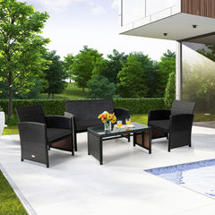 4 Piece Patio Rattan Cushioned Furniture Set with Loveseat, 2 Armchairs and Tempered Glass Coffee Table, Black Weave and Black Cushions