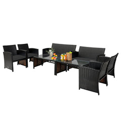 4 Piece Patio Rattan Cushioned Furniture Set with Loveseat, 2 Armchairs and Tempered Glass Coffee Table, Black Weave and Black Cushions