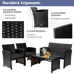 4 Piece Patio Rattan Cushioned Furniture Set with Loveseat, 2 Armchairs and Tempered Glass Coffee Table, Black Weave and Black Cushions