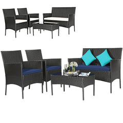 4 Piece Rattan Patio Conversation Set with Glass Coffee Table, Navy and Off White