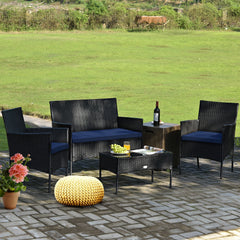 4 Piece Rattan Patio Conversation Set with Glass Coffee Table, Navy and Off White