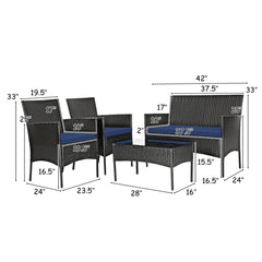 4 Piece Rattan Patio Conversation Set with Glass Coffee Table, Navy and Off White