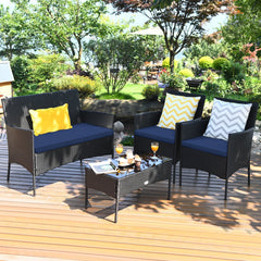 4 Piece Rattan Patio Conversation Set with Glass Coffee Table, Navy and Off White