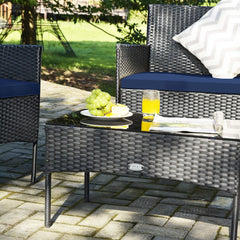4 Piece Rattan Patio Conversation Set with Glass Coffee Table, Navy and Off White