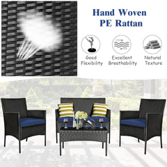 4 Piece Rattan Patio Conversation Set with Glass Coffee Table, Navy and Off White