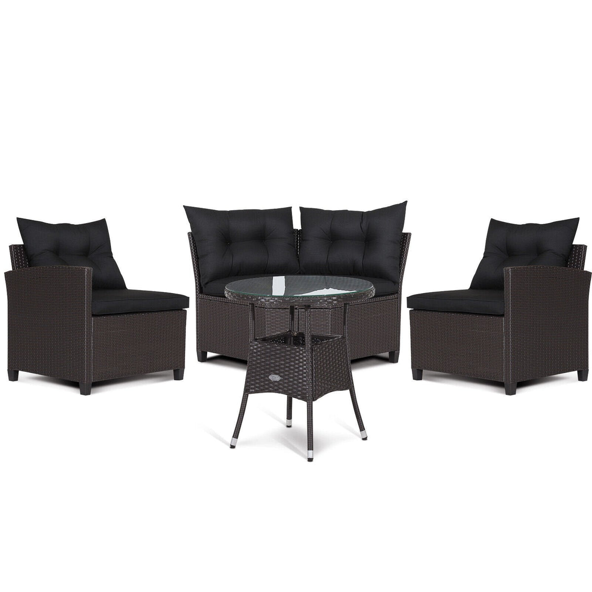 4 Piece Patio Rattan Corner Sofa Set with Clips, Curved Middle Sofa, 2 Side Sofas and Round Glass Table, Black