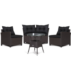 4 Piece Patio Rattan Corner Sofa Set with Clips, Curved Middle Sofa, 2 Side Sofas and Round Glass Table, Black