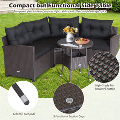 4 Piece Patio Rattan Corner Sofa Set with Clips, Curved Middle Sofa, 2 Side Sofas and Round Glass Table, Black