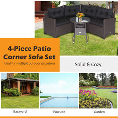 4 Piece Patio Rattan Corner Sofa Set with Clips, Curved Middle Sofa, 2 Side Sofas and Round Glass Table, Black