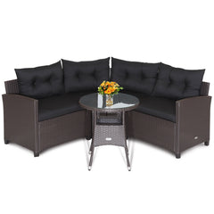 4 Piece Patio Rattan Corner Sofa Set with Clips, Curved Middle Sofa, 2 Side Sofas and Round Glass Table, Black