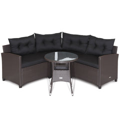 4 Piece Patio Rattan Corner Sofa Set with Clips, Curved Middle Sofa, 2 Side Sofas and Round Glass Table, Black