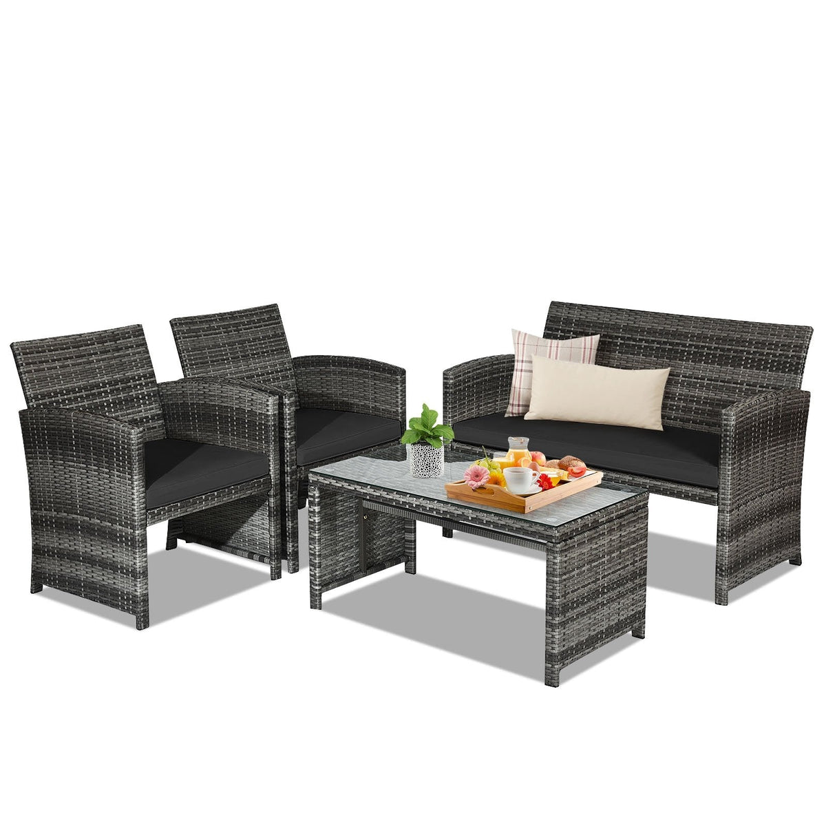 4 Piece Patio Rattan Furniture Set with Loveseat, 2 Chairs and Tempered Glass Coffee Table, Mix Grey Weave, Black Cushions