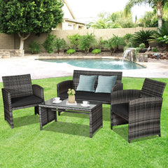 4 Piece Patio Rattan Furniture Set with Loveseat, 2 Chairs and Tempered Glass Coffee Table, Mix Grey Weave, Black Cushions