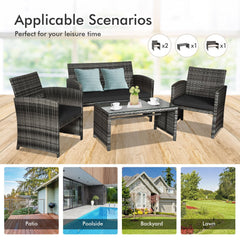 4 Piece Patio Rattan Furniture Set with Loveseat, 2 Chairs and Tempered Glass Coffee Table, Mix Grey Weave, Black Cushions