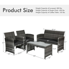 4 Piece Patio Rattan Furniture Set with Loveseat, 2 Chairs and Tempered Glass Coffee Table, Mix Grey Weave, Black Cushions