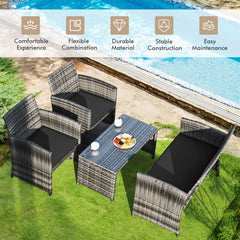 4 Piece Patio Rattan Furniture Set with Loveseat, 2 Chairs and Tempered Glass Coffee Table, Mix Grey Weave, Black Cushions