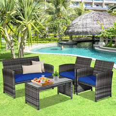 4 Piece Patio Rattan Furniture Set with Loveseat, 2 Chairs and Tempered Glass Coffee Table, Mix Grey Weave, Navy Cushions