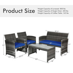 4 Piece Patio Rattan Furniture Set with Loveseat, 2 Chairs and Tempered Glass Coffee Table, Mix Grey Weave, Navy Cushions