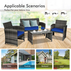 4 Piece Patio Rattan Furniture Set with Loveseat, 2 Chairs and Tempered Glass Coffee Table, Mix Grey Weave, Navy Cushions