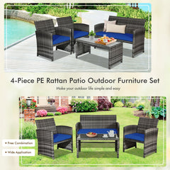 4 Piece Patio Rattan Furniture Set with Loveseat, 2 Chairs and Tempered Glass Coffee Table, Mix Grey Weave, Navy Cushions