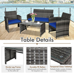 4 Piece Patio Rattan Furniture Set with Loveseat, 2 Chairs and Tempered Glass Coffee Table, Mix Grey Weave, Navy Cushions