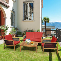 4 Piece Acacia Wood and Rattan Patio Conversation Set with Removable Cushions, Red