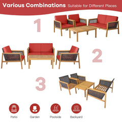 4 Piece Acacia Wood and Rattan Patio Conversation Set with Removable Cushions, Red