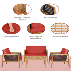 4 Piece Acacia Wood and Rattan Patio Conversation Set with Removable Cushions, Red