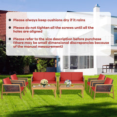 4 Piece Acacia Wood and Rattan Patio Conversation Set with Removable Cushions, Red