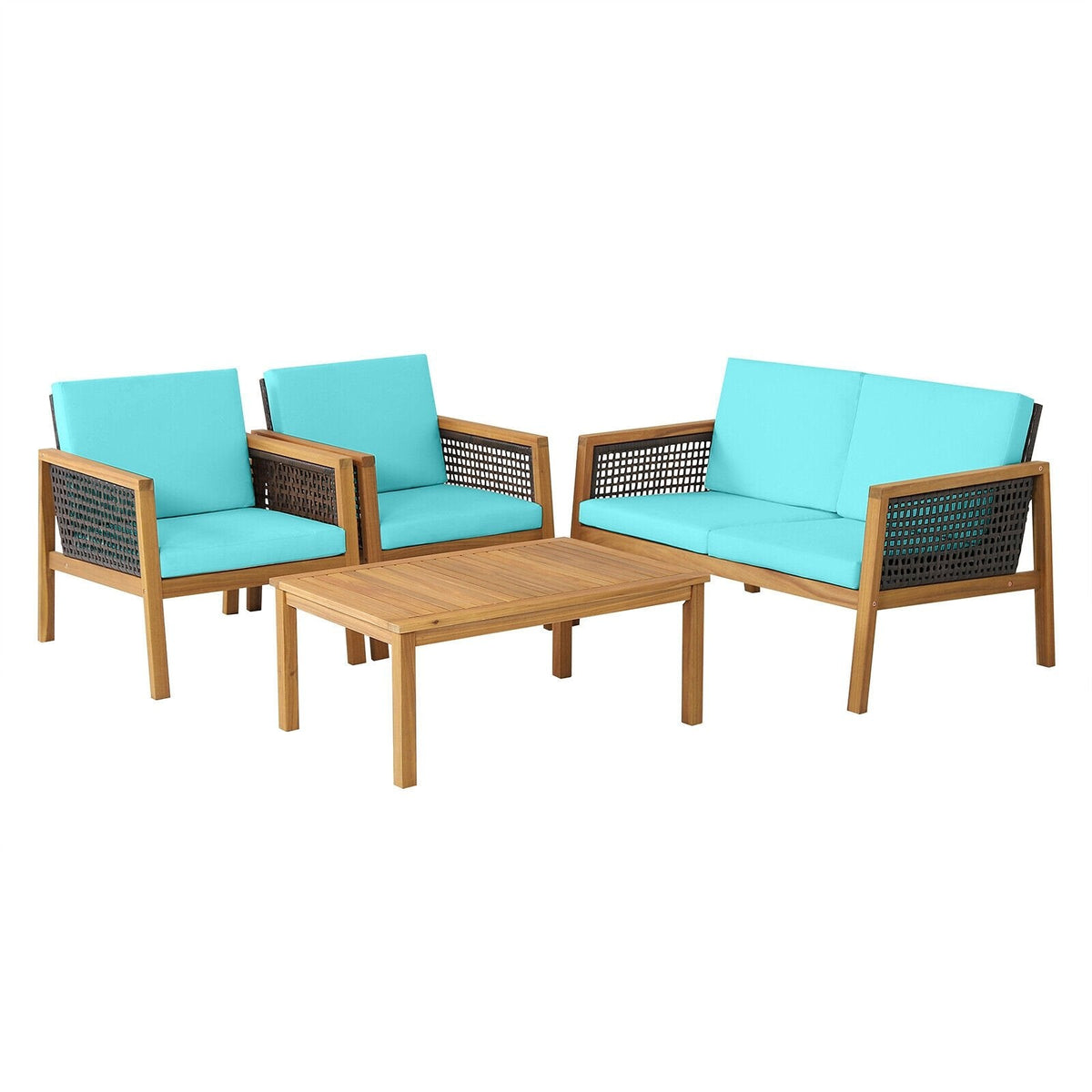 4 Piece Acacia Wood and Rattan Patio Conversation Set with Removable Cushions, Turquoise
