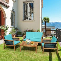 4 Piece Acacia Wood and Rattan Patio Conversation Set with Removable Cushions, Turquoise