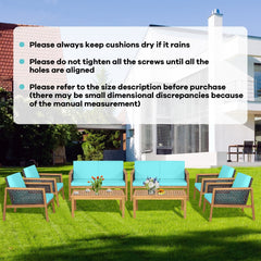 4 Piece Acacia Wood and Rattan Patio Conversation Set with Removable Cushions, Turquoise