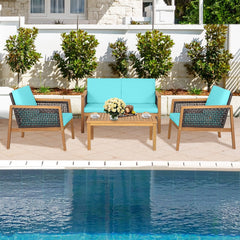 4 Piece Acacia Wood and Rattan Patio Conversation Set with Removable Cushions, Turquoise
