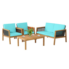 4 Piece Acacia Wood and Rattan Patio Conversation Set with Removable Cushions, Turquoise