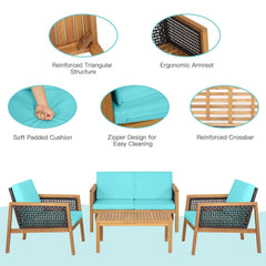 4 Piece Acacia Wood and Rattan Patio Conversation Set with Removable Cushions, Turquoise