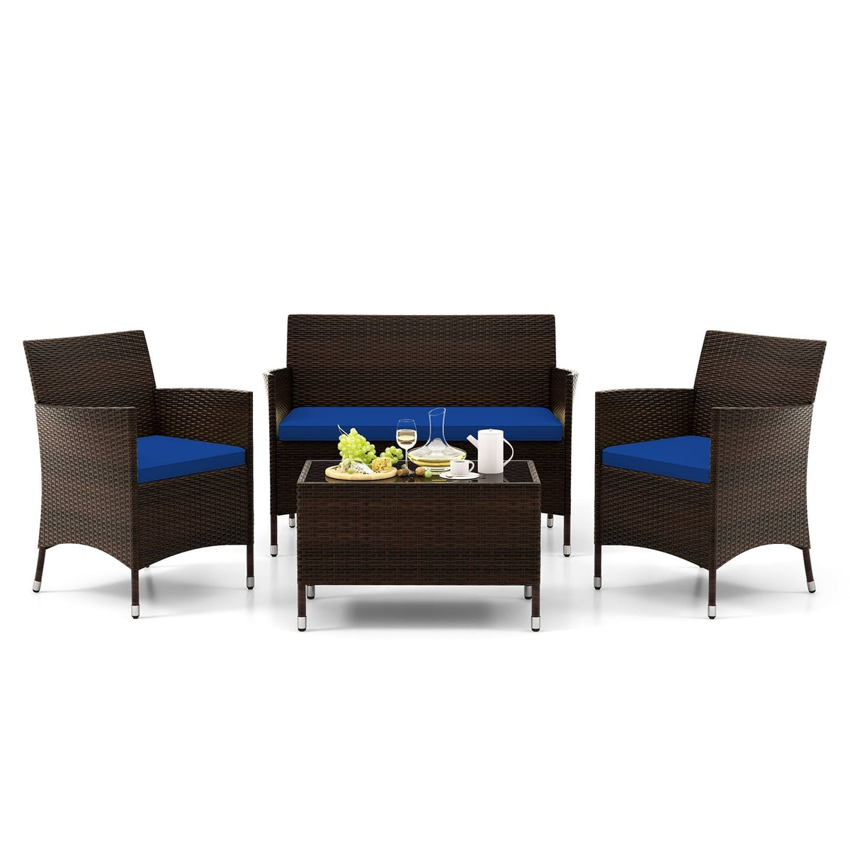 4 Piece Outdoor Rattan Sofa Set, 41 in Loveseat, 2 Single Sofas and 27.5 in Tempered Glass Coffee Table, Navy Cushions