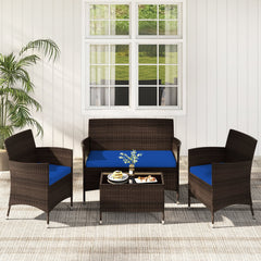 4 Piece Outdoor Rattan Sofa Set, 41 in Loveseat, 2 Single Sofas and 27.5 in Tempered Glass Coffee Table, Navy Cushions