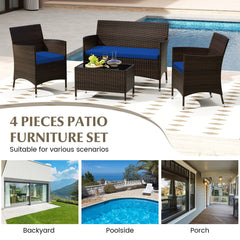 4 Piece Outdoor Rattan Sofa Set, 41 in Loveseat, 2 Single Sofas and 27.5 in Tempered Glass Coffee Table, Navy Cushions