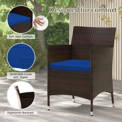 4 Piece Outdoor Rattan Sofa Set, 41 in Loveseat, 2 Single Sofas and 27.5 in Tempered Glass Coffee Table, Navy Cushions