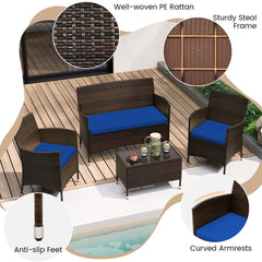 4 Piece Outdoor Rattan Sofa Set, 41 in Loveseat, 2 Single Sofas and 27.5 in Tempered Glass Coffee Table, Navy Cushions